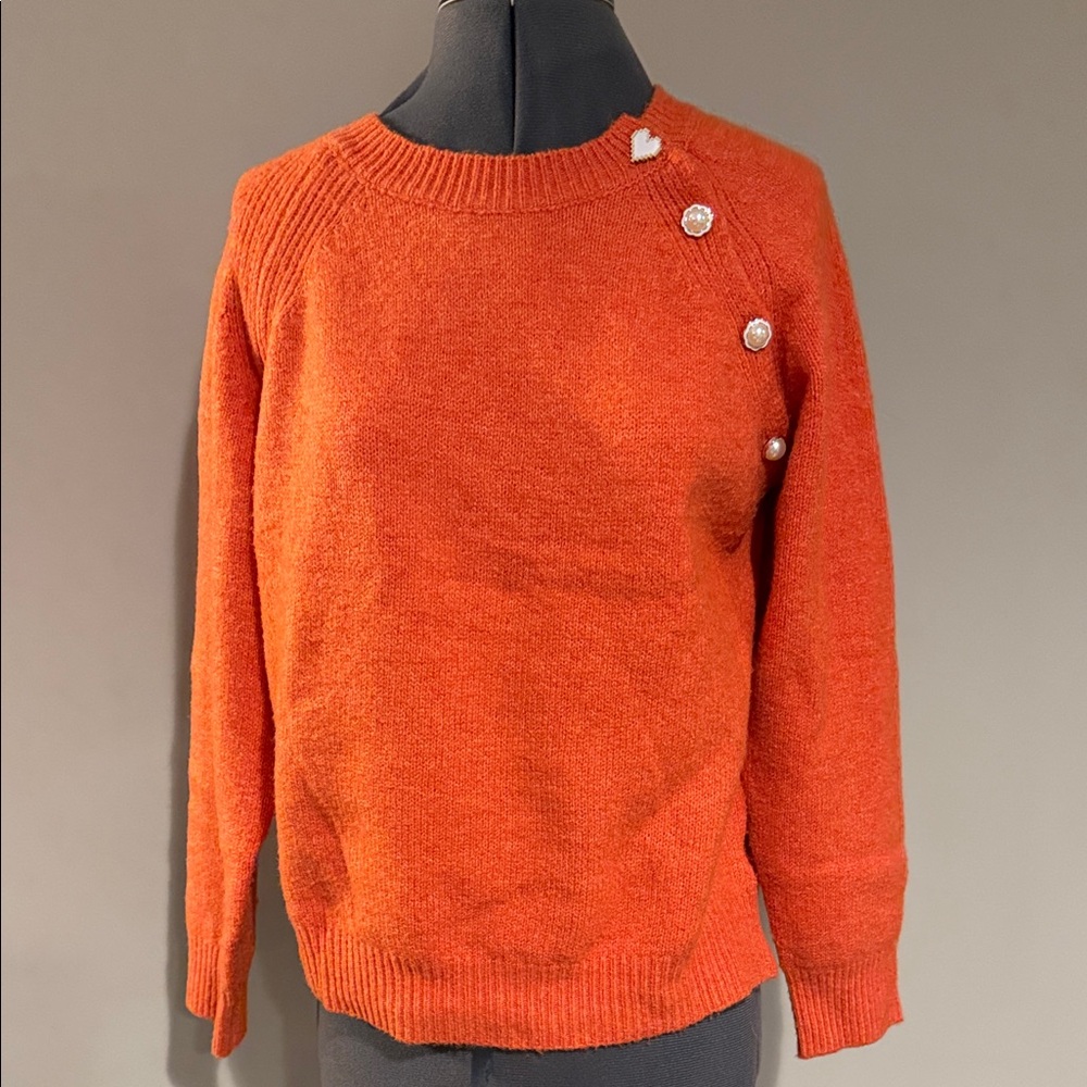 Classic Orange Button-Accent Crewneck Sweater